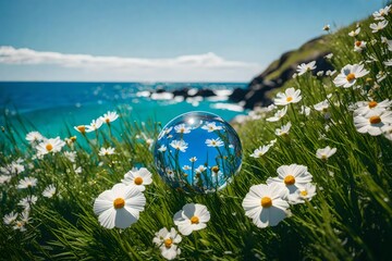 Captivating 105mm lens macro shot showcasing harmonious stones on vibrant green grass with accents of levendra, jasmine, and cosmos flowers, set against a pristine clear blue sky above the ocean.