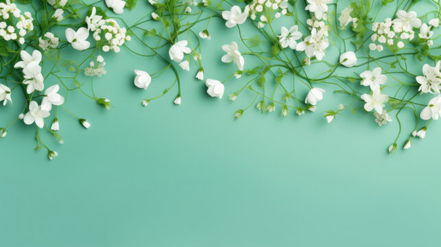 Fototapeta An elegant arrangement of white flowers and lush greenery against a soothing teal background, evoking freshness.