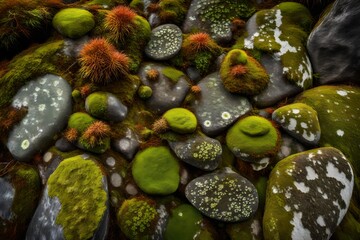 Intricate patterns of moss and lichen on ancient rainforest stones. - obrazy, fototapety, plakaty