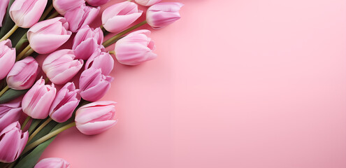 Fototapeta na wymiar A collection of pink tulips on a soft pink background, suitable for spring holidays and greeting cards.