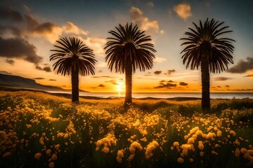 A serene scene of an Icelandic sunset with palm trees swaying gently, their branches covered in golden-hued flowers.