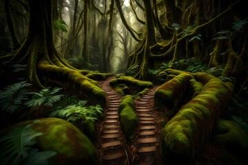 A mysterious path disappearing into the depths of the mossy rainforest.