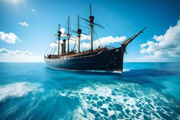 A pristine blue sky stretches over a boundless ocean, featuring a weathered, historic vessel.