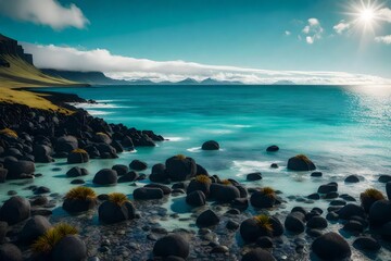 A serene Icelandic landscape, where palm trees stand tall against the backdrop of a crystal-clear ocean, with small, radiant stones dotting the shore.