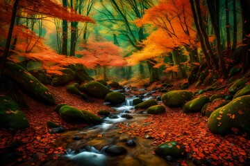 A panoramic image of a fantasy forest in autumn, with leaves in vibrant shades of orange and red. Glowing emerald green butterflies create a dazzling contrast as they flutter near a babbling brook.