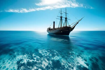 Endless blue skies meeting a vast expanse of calm ocean waters, with an antique ship on the horizon.