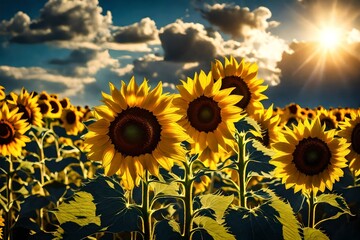 A field of bright yellow sunflowers reaching towards a deep blue sky, with the focus on one sunflower in the foreground, showcasing its detailed texture and vibrant colors.