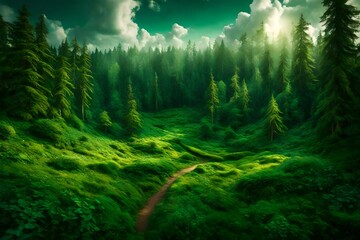 A dense, emerald forest with a lush carpet of grass under a partly cloudy sky.