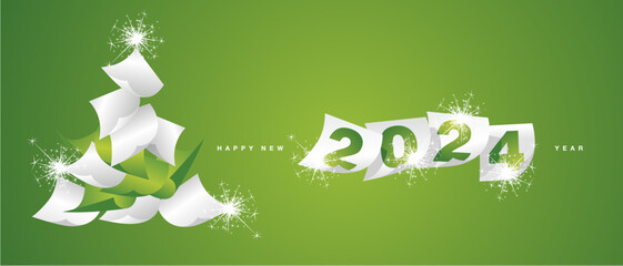 We wish you Happy New Year 2024. Beautiful winter holiday greeting card design template on green background. White lucky green paper in the form of Christmas tree and separate New Year 2024 with calen - obrazy, fototapety, plakaty