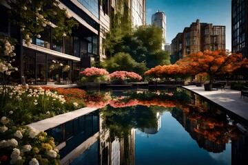 An urban oasis with a picturesque view of city flowers adrift on calm waters, framed by a clear blue sky.