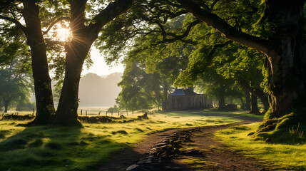 Nature, little muddy path in forest with pond