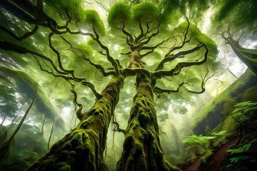 Ancient trees covered in emerald moss reaching for the sky in the rainforest.