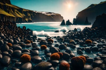 Majestic Iceland's day, palm trees swaying by the shore, small colorful stones glistening in the sun, creating a breathtaking view of the ocean.