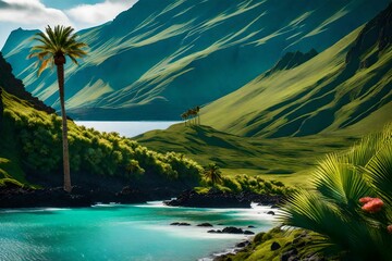 A 105mm close-up shot of a lush Icelandic valley, displaying a striking palm tree against a mountainous backdrop, with a clear view of the ocean and a sky-blue canvas