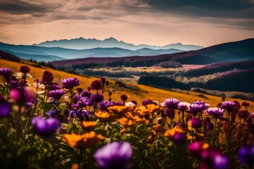 A 105mm lens photo of a mountain landscape at day light, , with a field of Different color variations flowers in the foreground, and a sky with warm hues of purple
