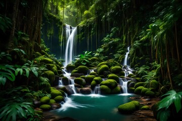 A secluded rainforest waterfall framed by vibrant green foliage.