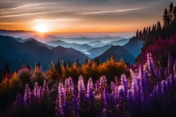 A 105mm lens photograph of a mountain landscape at day light, sunrise, with Different color variations flowers in the foreground, and a sky painted in shades of purple