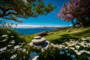 An exquisite 105mm lens closeup shot of vibrant balancing stones amidst lush green grass and a backdrop of levendra, jasmine, and cosmos flowers, under a flawless clear blue sky overlooking the ocean.