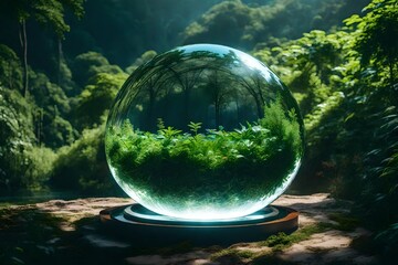 Glass globe with greenery surrounding it, signifying sustainability, nature, the environment, ESG, and climate change awareness