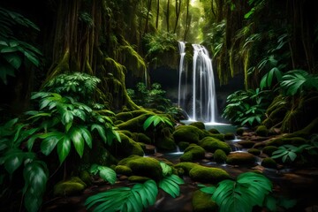 A secluded rainforest waterfall framed by vibrant green foliage.