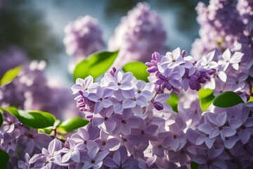 150mm lens closeup of Purple lilac flowers blossom in garden, spring background
