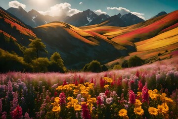 High-definition capture of a mountain landscape at day light, , featuring a field of Different color variations flowers and a vibrant sky, taken with a 105mm lens.