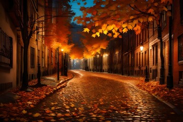 An evening scene in an urban alleyway, illuminated by soft, warm streetlights. Autumn leaves, in shades of orange, yellow, and brown, are scattered across the cobblestones