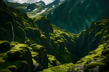 A breathtaking view of mossy cliffs against the backdrop of towering mountains.
