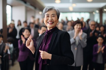 senior woman in business suit entrepreneur professional giving seminar in front of audience