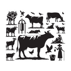 Morning Farmstead with Cow Silhouette: Dawn Serenity, Agricultural Sunrise, and Detailed Silhouetted Scenes
