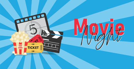 Movie night event poster with Clapperboard, Cinema ticket, popcorn, film strip, can be used for flyer, poster, banner, ad, and website background