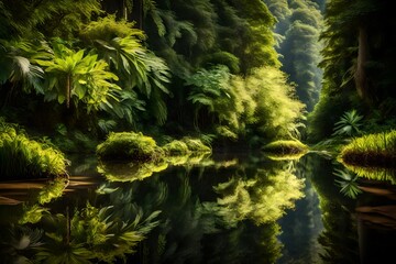 A tranquil rainforest pond reflecting the green beauty above.