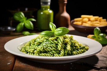 Trofie Al Pesto, Italian Pasta with Pesto Sauce, Traditional Genovese Troffie, Fusilli Pugliesi, Liguria Food - obrazy, fototapety, plakaty