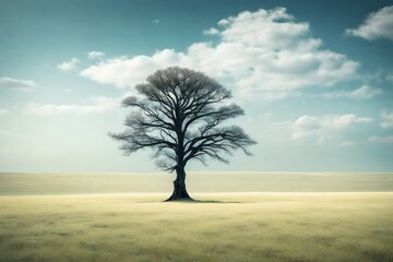 A solitary tree standing tall in the middle of a vast, undulating grassland beneath a clear blue sky.