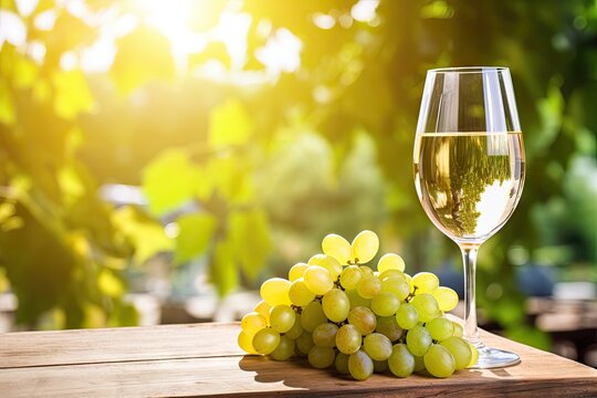 White Wine Glass on Ripe Bunch of Grapes Background in Sunny Day, Wineglass with Drink