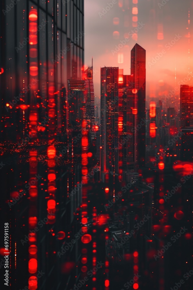 Poster a captivating view of a cityscape seen through a window covered in raindrops. perfect for illustrati