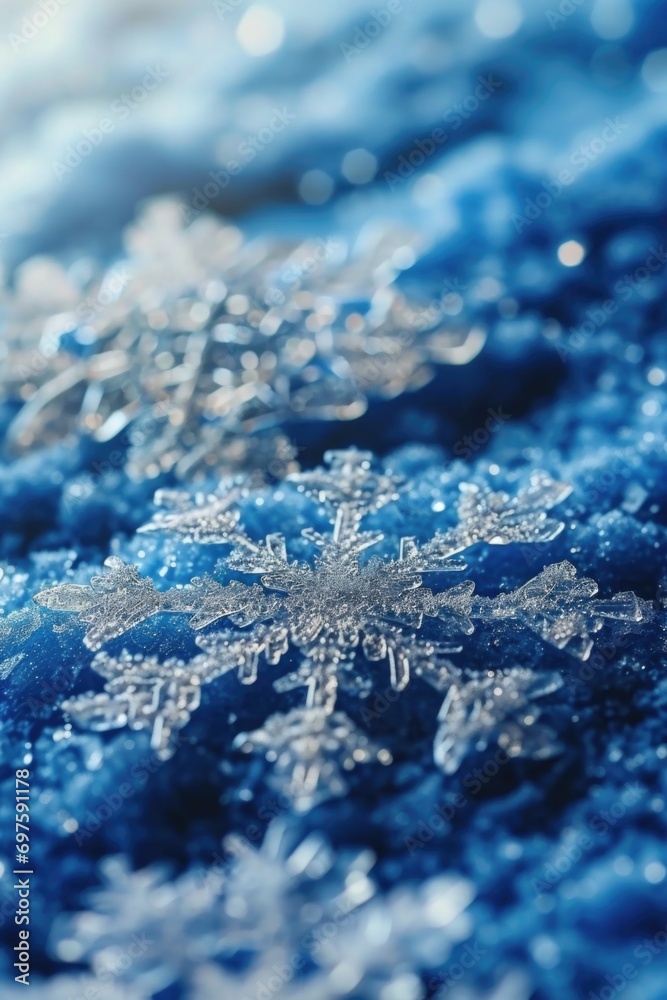 Aufkleber a close-up view of a delicate snowflake resting on a smooth blue surface. ideal for winter-themed de