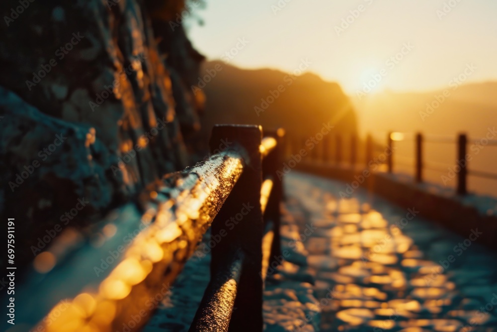 Poster A picturesque view of the sun setting behind a fence along the side of the road. Ideal for adding a touch of natural beauty to any project