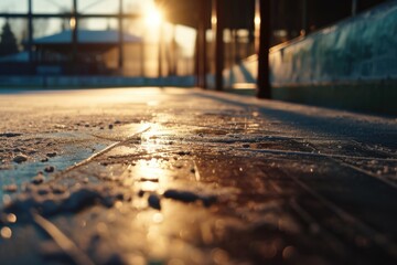 A close-up view of a wet surface on a tennis court. This image can be used to depict the aftermath of rain or for illustrating sports and outdoor activities in wet conditions - obrazy, fototapety, plakaty