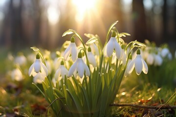 A bunch of snowdrops in the grass. Perfect for spring-themed designs and nature-related projects