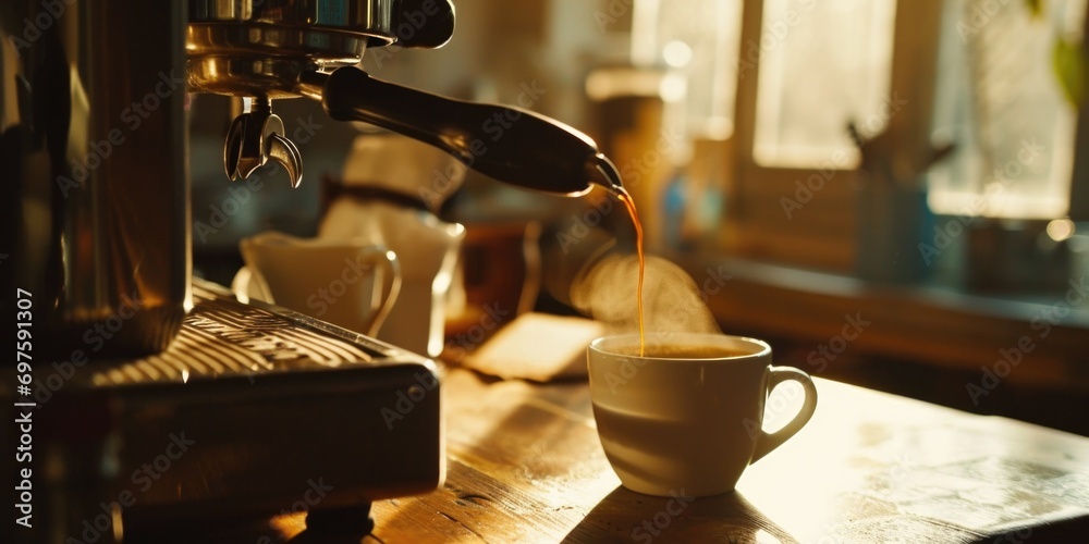 Poster a cup of coffee being poured into a coffee machine. perfect for illustrating the process of making c