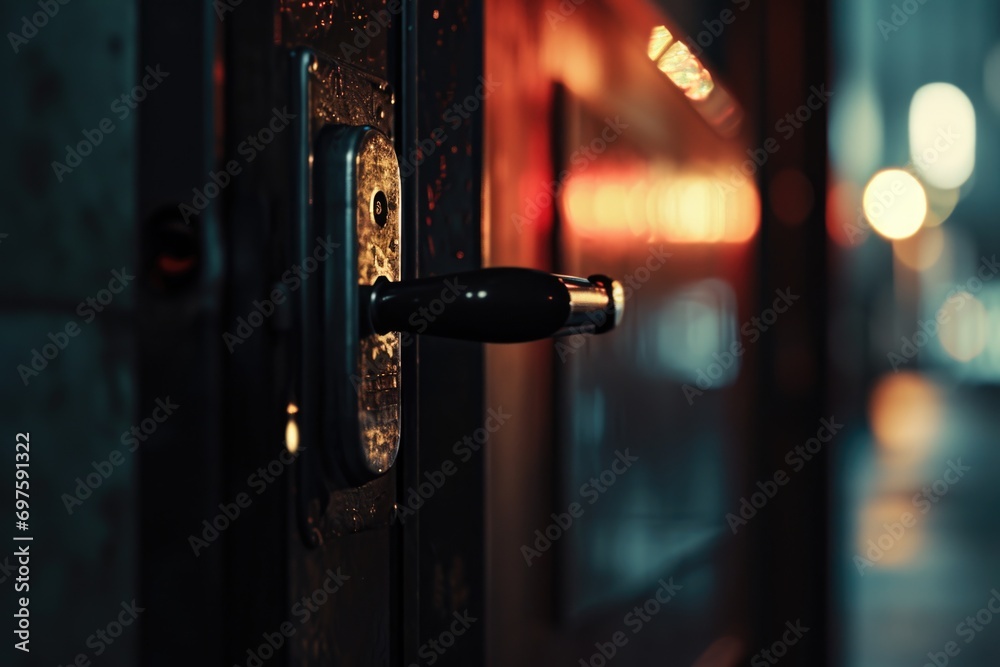 Poster A close up view of a door handle. This picture can be used to showcase architectural details or to represent the concept of entrance and access