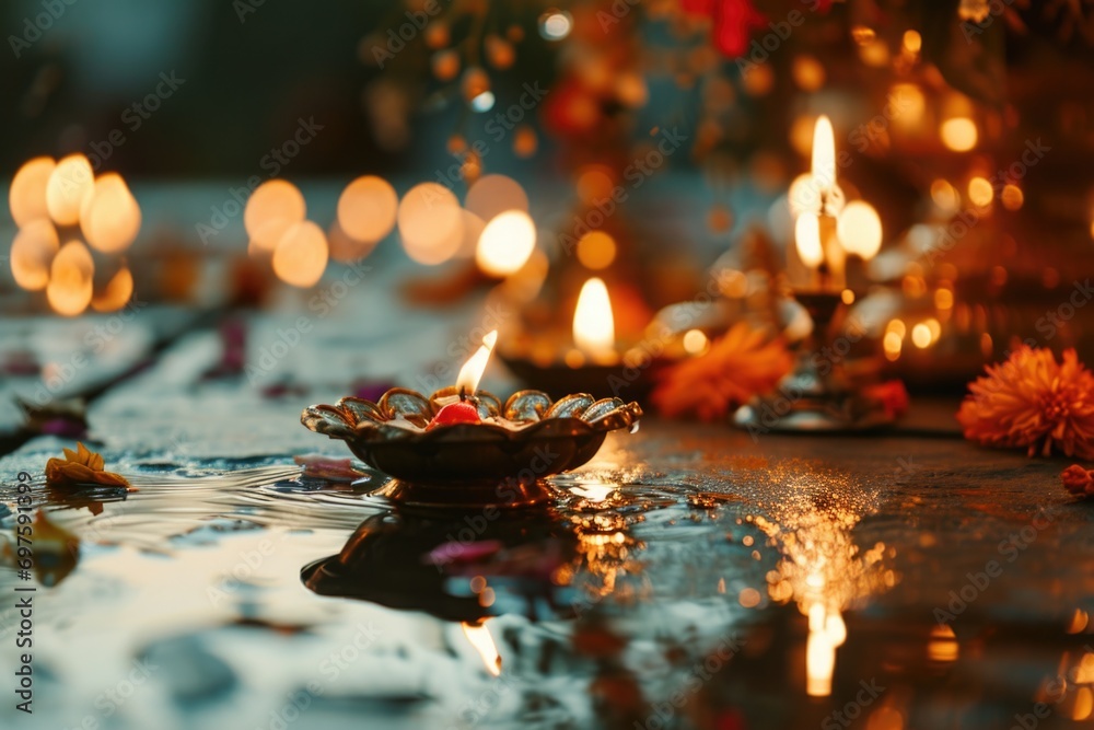 Poster A table adorned with candles and flowers. Perfect for adding a touch of elegance to any occasion