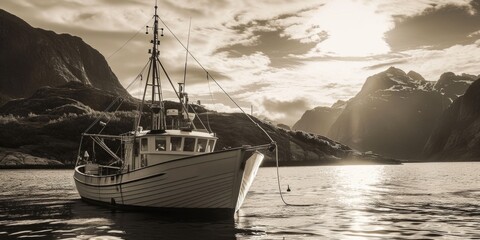 Fototapeta premium A picture of a boat floating in a body of water with majestic mountains in the background. Perfect for travel or nature-themed projects