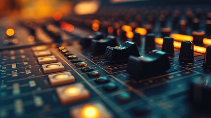 A close up of a sound board in a recording studio. Perfect for music production or audio engineering projects