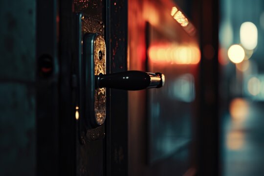 A close up view of a door handle. This picture can be used to showcase architectural details or to represent the concept of entrance and access