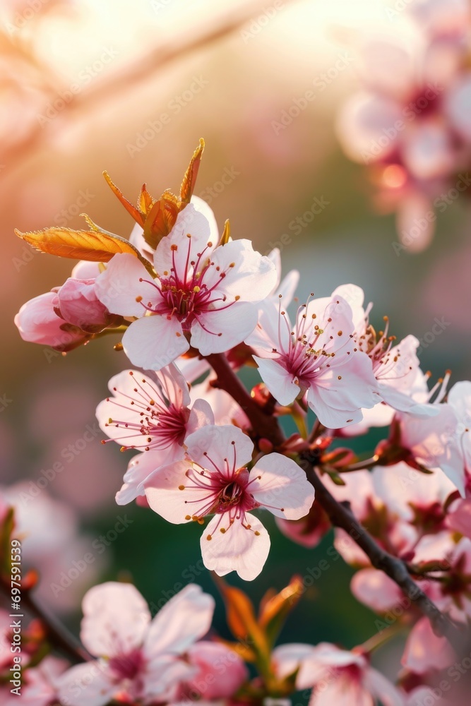 Poster close up of a bunch of flowers on a tree branch. perfect for nature and floral themes