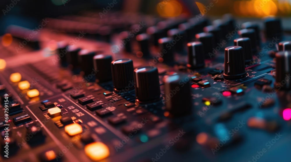 Aufkleber Close-up shot of a mixing board with a variety of knobs. Versatile and essential equipment for audio mixing and sound engineering.