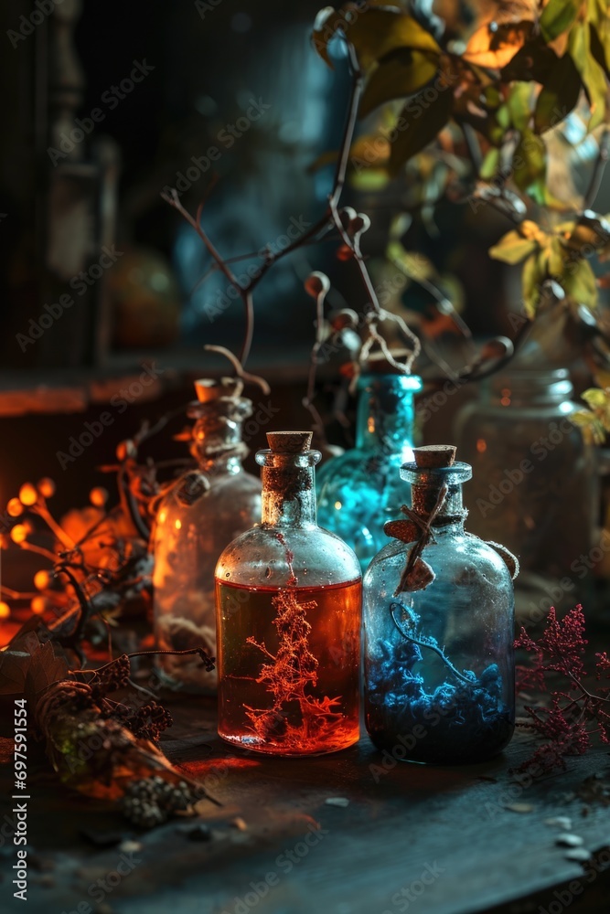 Poster three glass bottles filled with liquid on a table. suitable for various uses