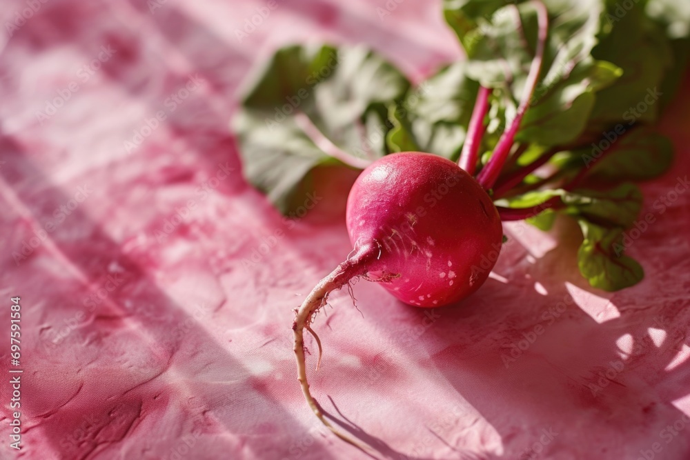 Aufkleber a close-up image of a single radish placed on a pink table cloth. this versatile picture can be used